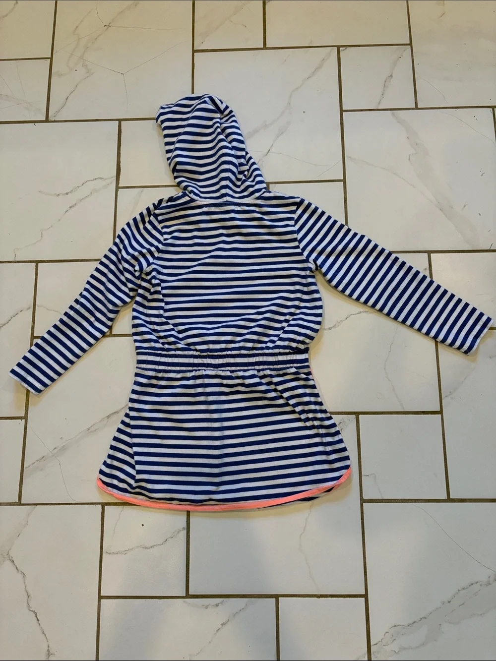 Gymboree Blue, White Striped Hooded Dress/Swim Cover with Coral Trim - size 7/8